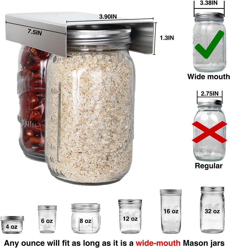 lopeztek Mason Jar Organizer, Mason Jars Rack for Food Storage, Canning Jar Holder Under Kitchen Cabinet, Mason Spice Jars Hanger Brackets for 4oz, 8oz, 12oz, 16oz, 24oz, 32oz, 64oz (2 Pcs-Wide Mouth) - Image 3